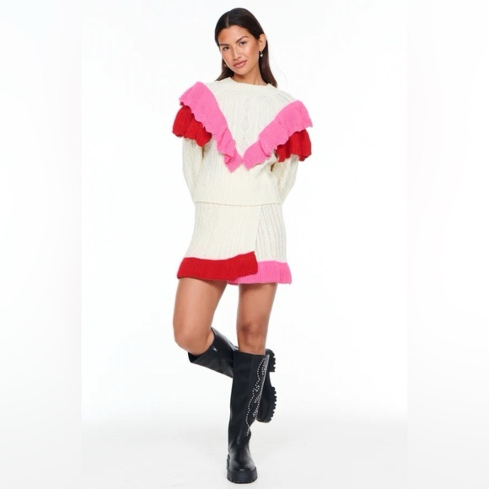 Never Fully Dressed Cream Cable-Knit Mini Skirt with Pink and Red Ruffle Hem